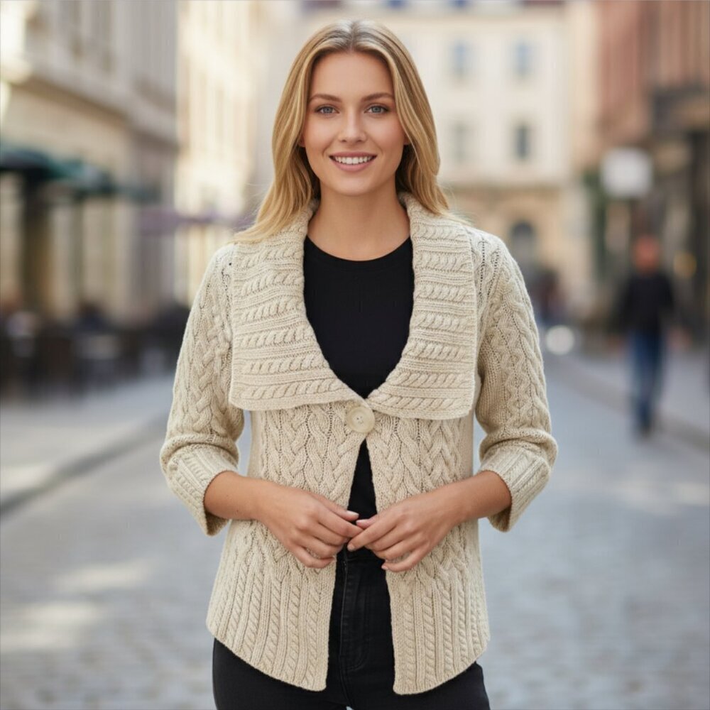 Inis Crafts Ivory 100% Merino Wool Cable Knit Cardigan Sweater Size Small